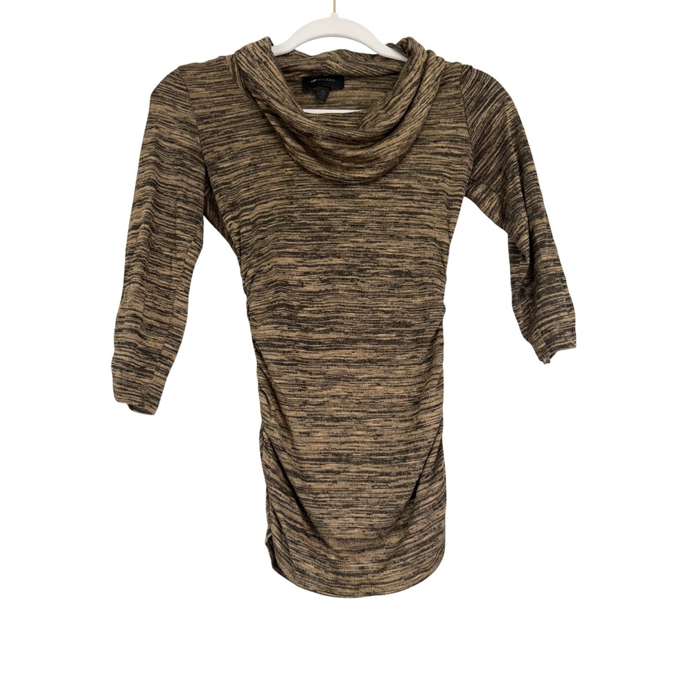 AB Studio Womens Cowl Neck Space Dye Ruched Side Top Brown Black XS 3/4 Sleeve